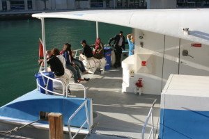 The exterior area of the ferry which is accessible from the Silver Class cabin.
